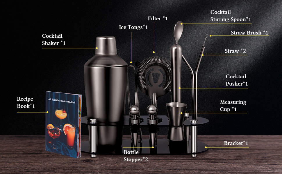 Шейкер для коктейлів Zanfqvo 700 мл, набір із 14 предметів із підставкою та аксесуарами, набір барменів для початківців і професіоналів