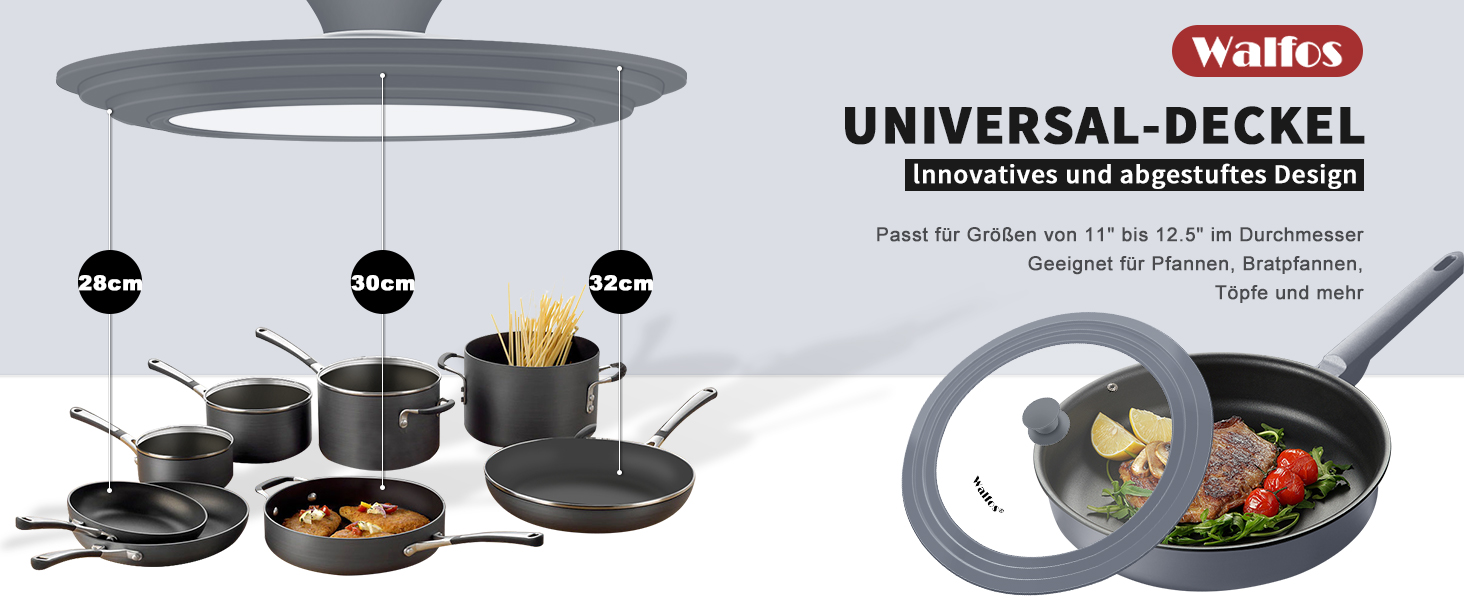 Універсальна скляна кришка для каструль та сковорідок Walfos з силіконовим обідком, термостійка, сіра (діаметр 33, 36, 38 см)