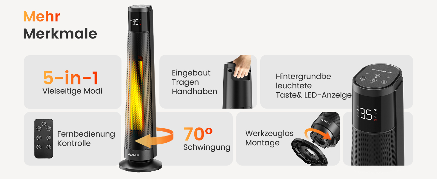 Електричний обігрівач PTC 2000W з керамічним нагрівачем, тихий, з термостатом та пультом дистанційного керування, ECO режим, 70° осциляція, 12h таймер, захист від перегріву та перекидання, чорний, 1 шт.