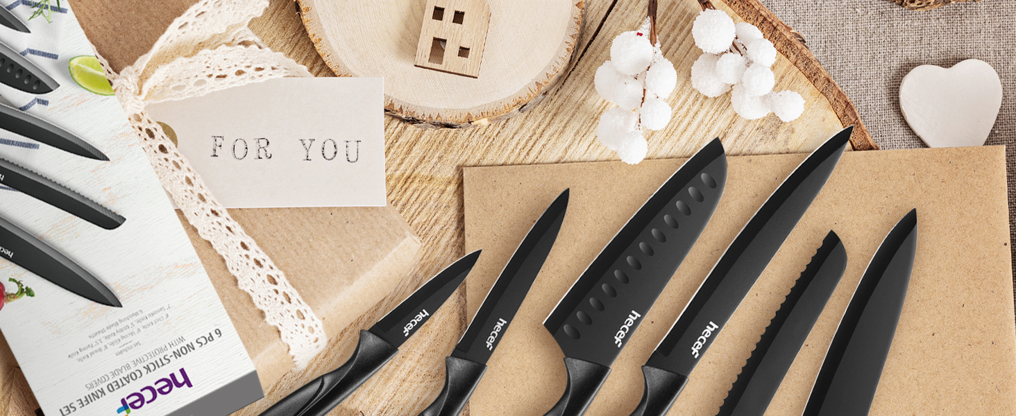 Набір кухонних ножів Hecef 15 предметів з бруском, чорний колір, антипригарне покриття, безпечний для миття в посудомийній машині, самозаточуваний брусок, ергономічні ручки, набір ножів для кухні для початківців та любителів готування (6 шт)