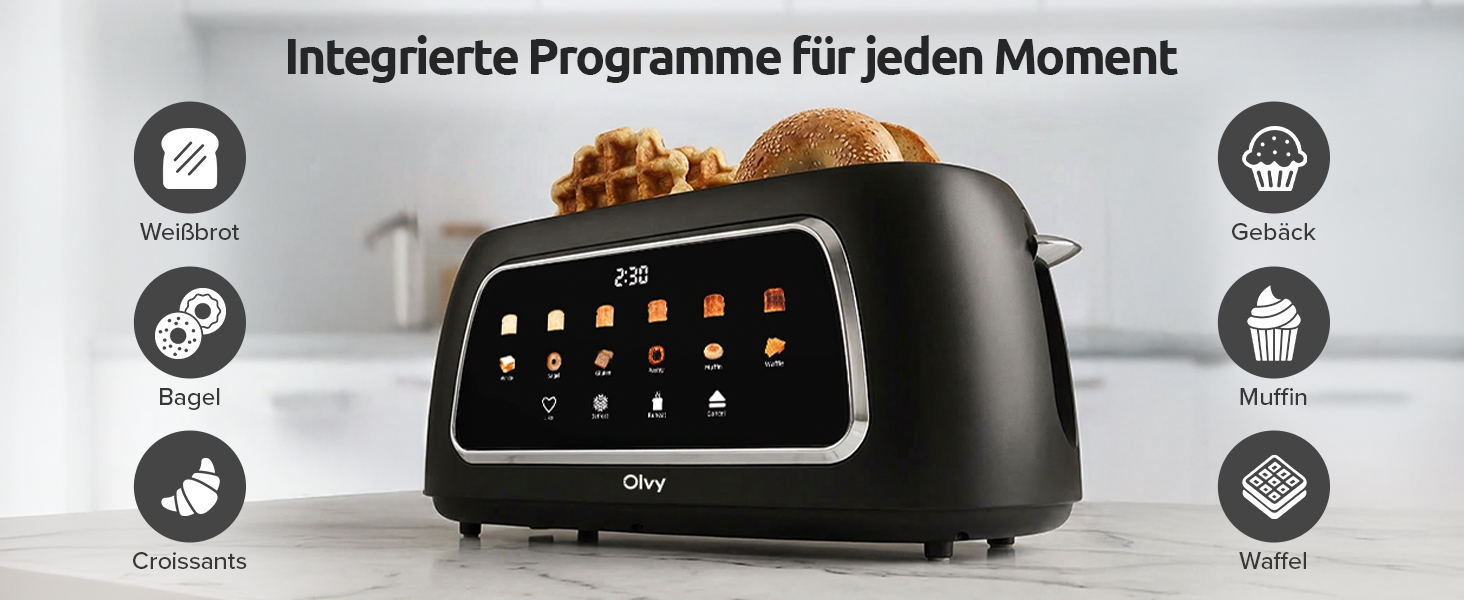 Тостер Olvy T-40T 4-складовий з LCD-дисплеєм, 1500 Вт, 6 режимів підсмажування, розморожування та підігрів, довгі слоти