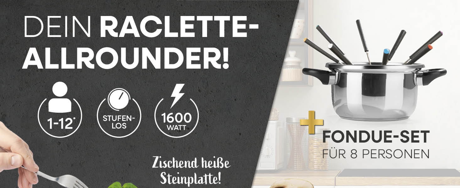 GOURMETmaxx Ракуетка 2-в-1 з Фондю | Набір ракуетки на 8 осіб – ідеальний гриль для вечірок | Ракуетка-фондю комбінація з 8 сковородами, лопатками та виделкою для фондю | Набір ракуетки з фондю на 8 осіб (Ракуетка & Фондю комбі XXL на 12 осіб)