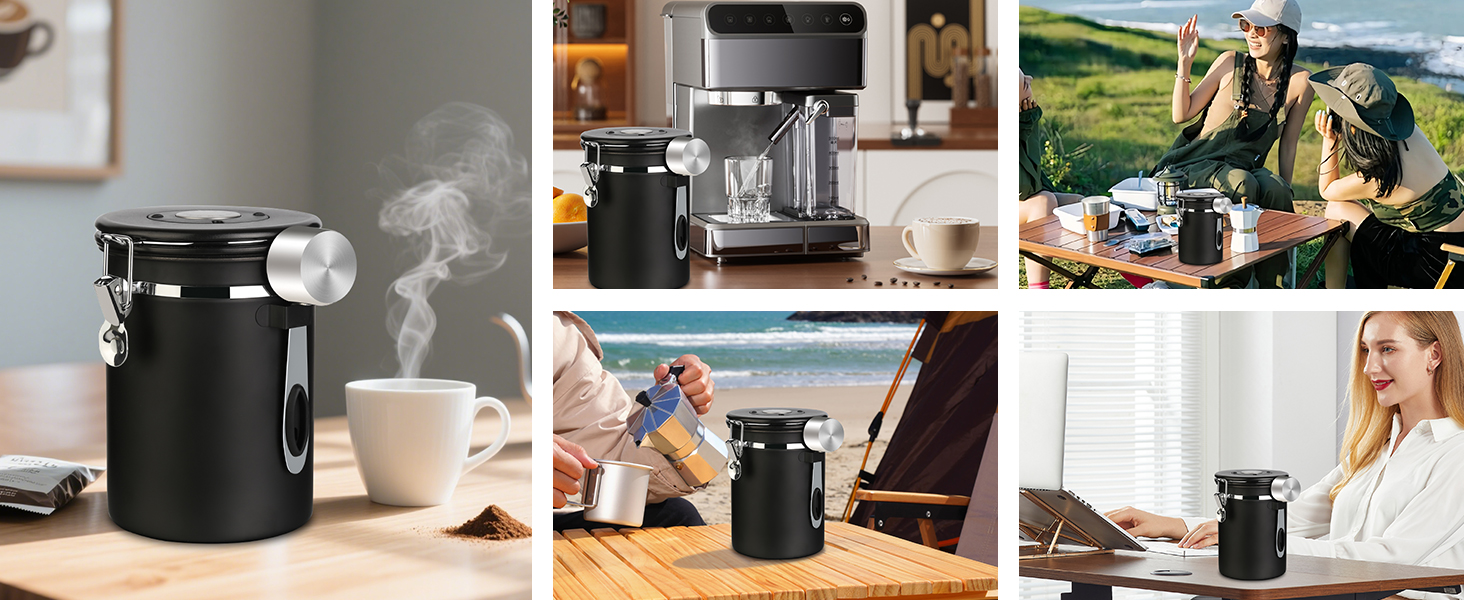 Герметична кавова банка з нержавіючої сталі, 1,8L, з датчиком дати, CO2-вентилем та мірною ложкою, для кави, чаю, горіхів, какао, чорна