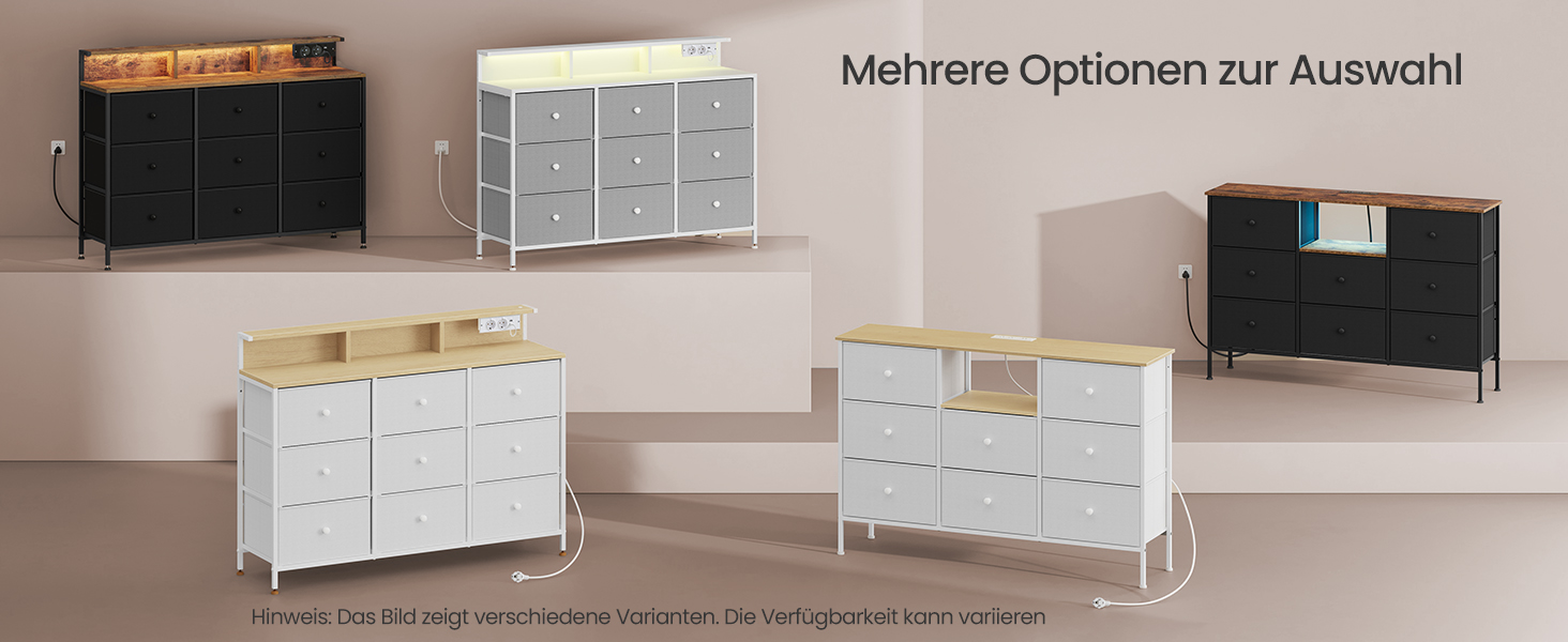SONGMICS Комод з 9 висувними ящиками та LED-підсвічуванням, з розеткою, сталевий каркас, 33,5 x 114 x 84 см, для спальні/вітальні, білий, LTS519W02