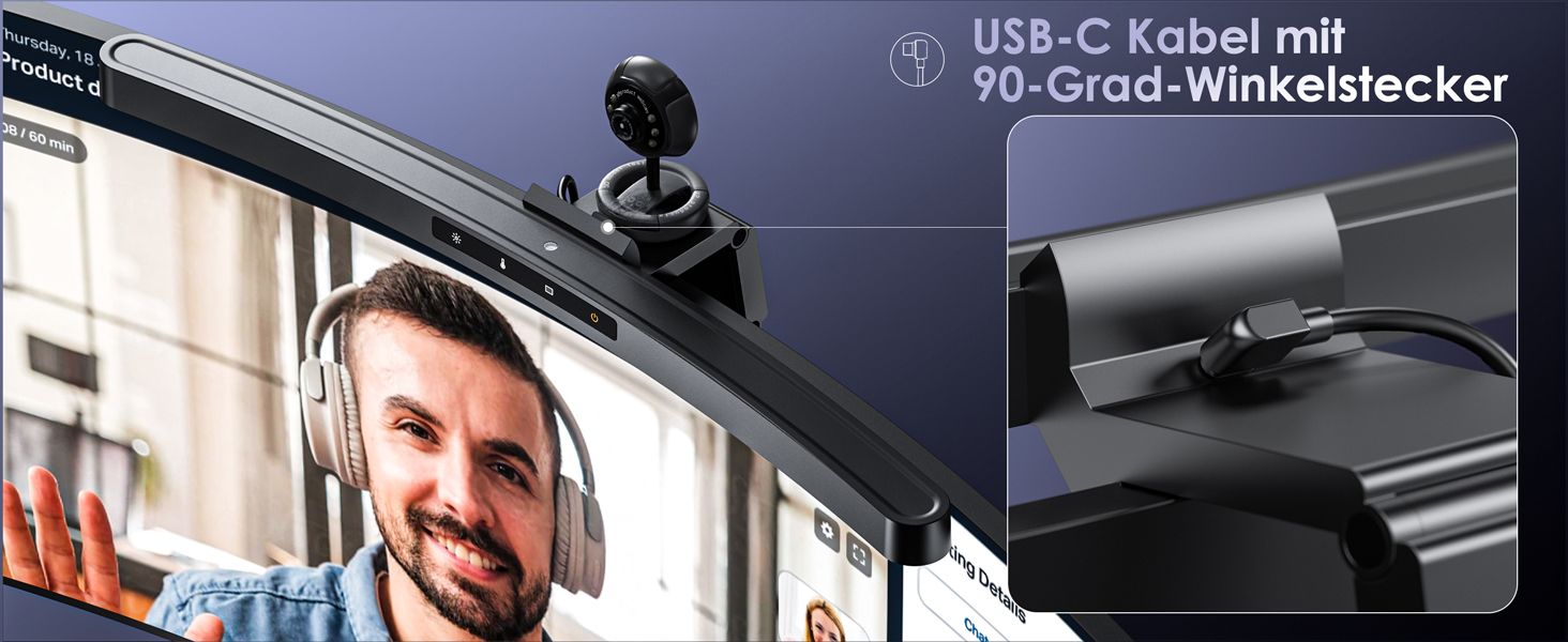 Світлодіодна лампа для монітора Quntis Curved 38см з сенсорним керуванням та пультом, захист від синього світла, регулювання яскравості, для офісу та дому