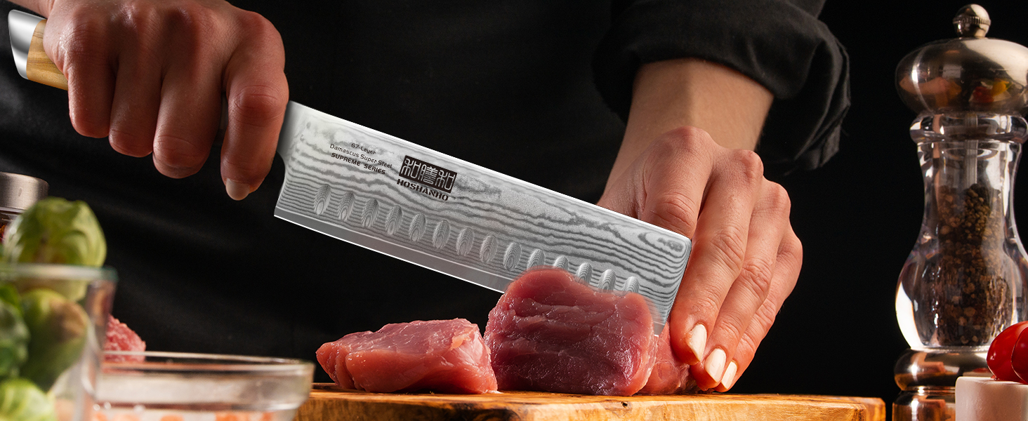Японський ніж HOSHANHO з дамаської сталі 20 см, 67 шарів, кухонний ніж, надзвичайно гострий, з ергономічною ручкою оливкового кольору (16.5 см Nakirimesser)