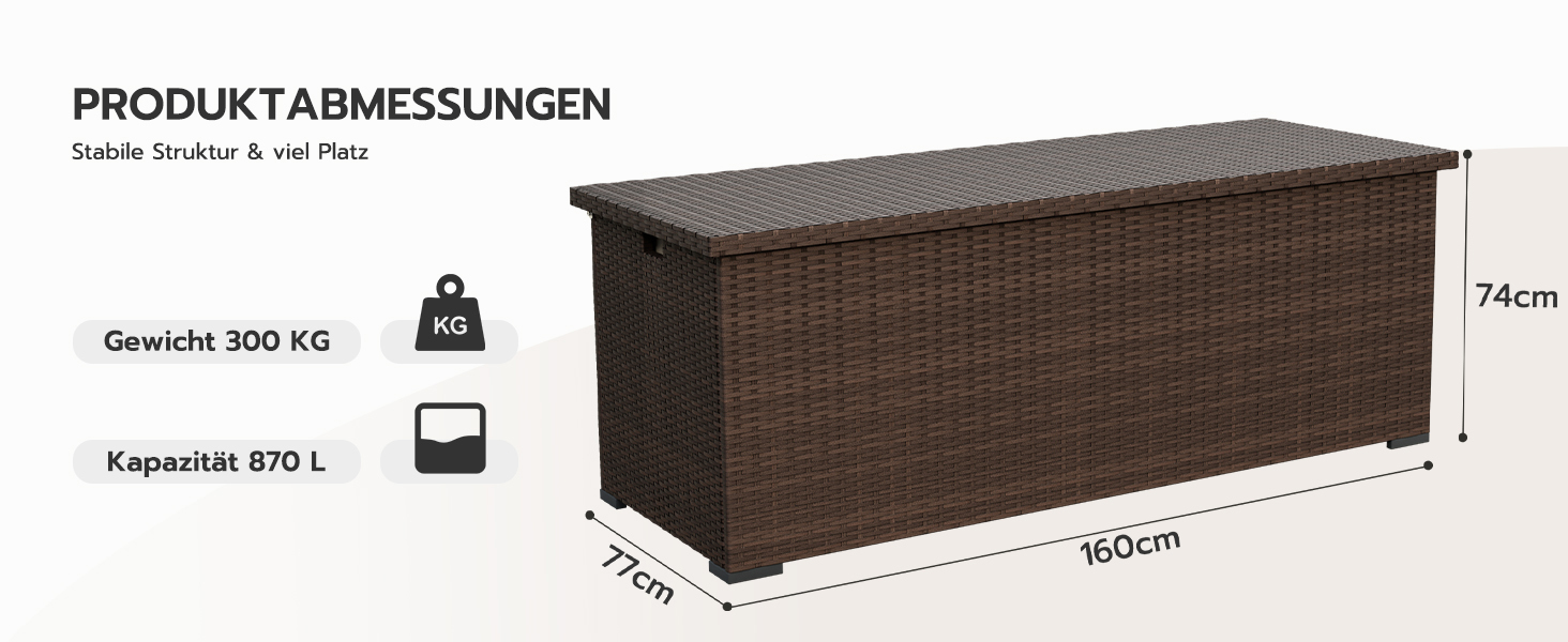 Водонепроникний садовий ящик Amopatio Gartenbox 650л з поліротангу для подушок, металевий з газовими амортизаторами, для саду та балкону, коричневий