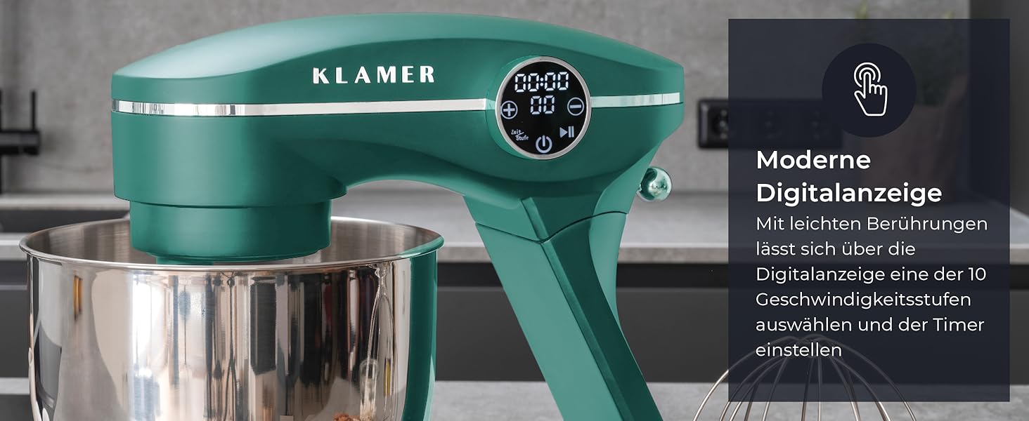 Кухонний комбайн KLAMER 1800W — Планетарний міксер для тіста з чашею 6л, 10 швидкостями та таймером, набір насадок (гак, вінчик, міксер), колір бірюзовий