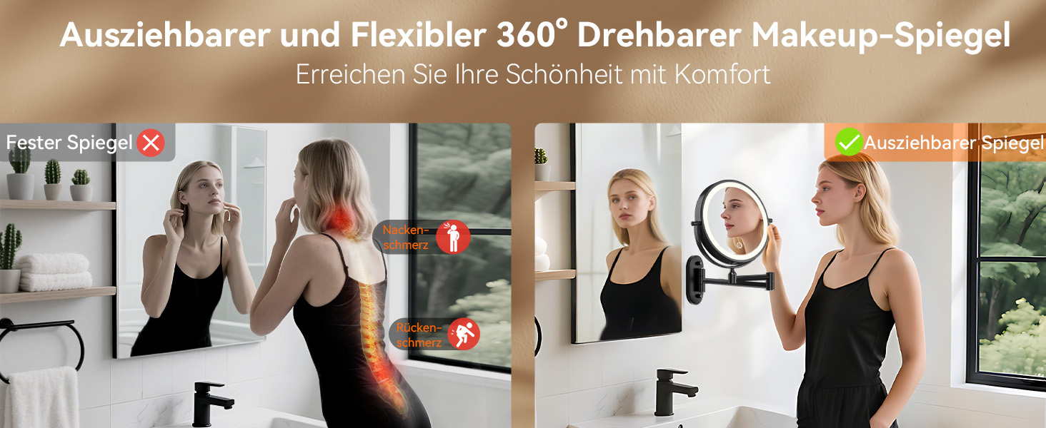 Дзеркало для макіяжу Auxmir з підсвічуванням, 1X/ Акумуляторний, 3200mAh, для гоління, настінний, з регулюванням яскравості, збільшення 30X, 3 кольори світла, поворот на 360°, для ванної кімнати (Чорний)