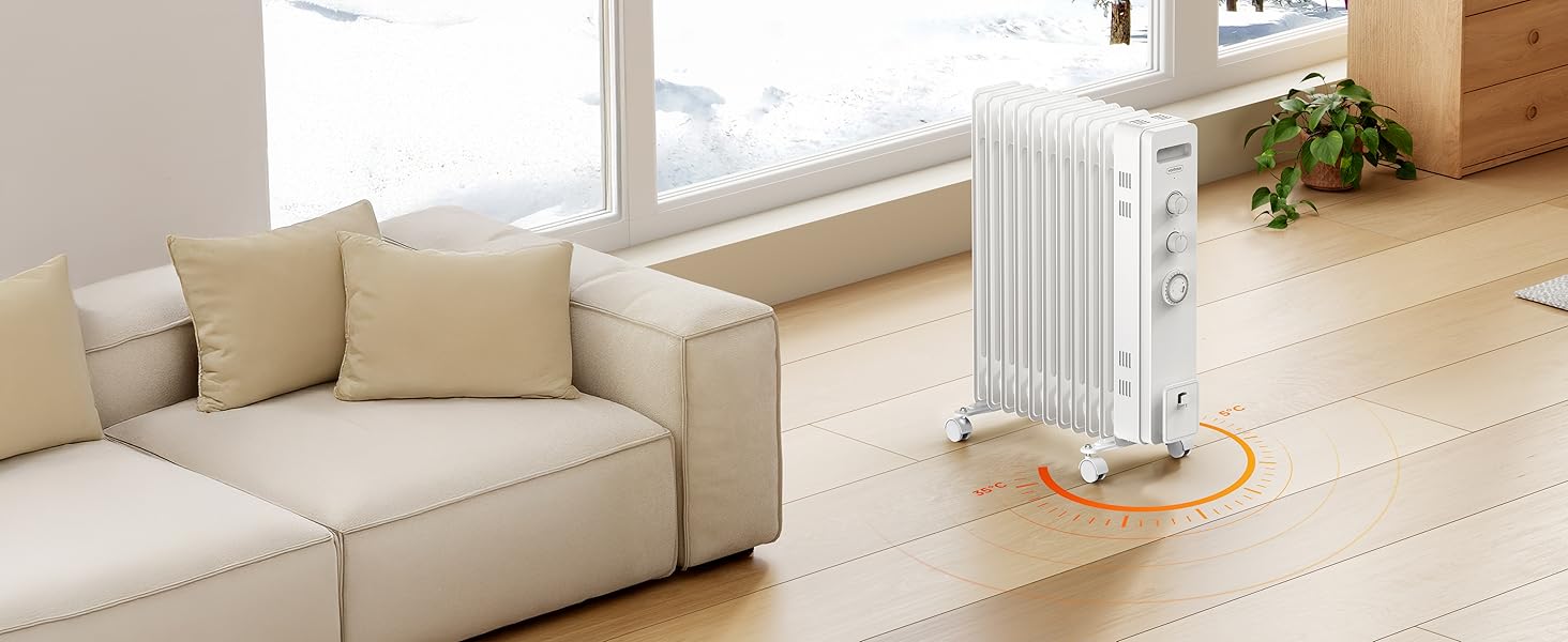 Масляний радіатор VonHaus з 11 ребрами, 2.5 кВт, з термостатом, білий - для дому та офісу