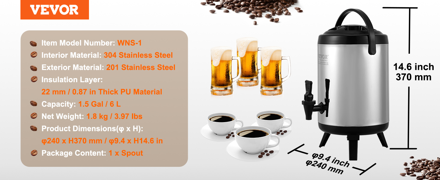 Диспенсер для напоїв VEVOR 17.2 л з нержавіючої сталі - гарячий та холодний, для кави, молока, соку, води