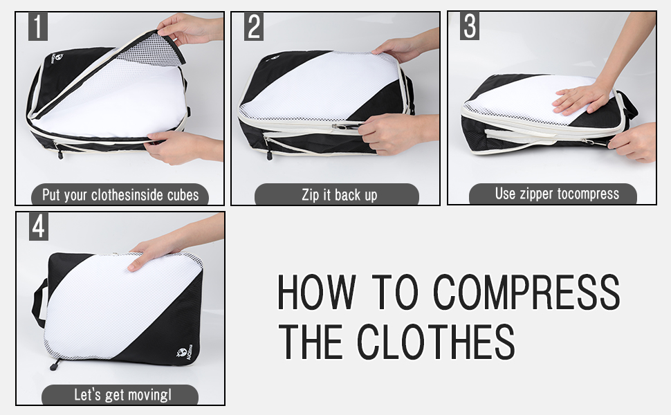 Набір компресійних органайзерів для одягу AiQInu, 5 шт, дорожні сумки-пакувальники з мішком для взуття та білизни, ультралегкі розширювані органайзери для валізи та ручної поклажі (Чорний)