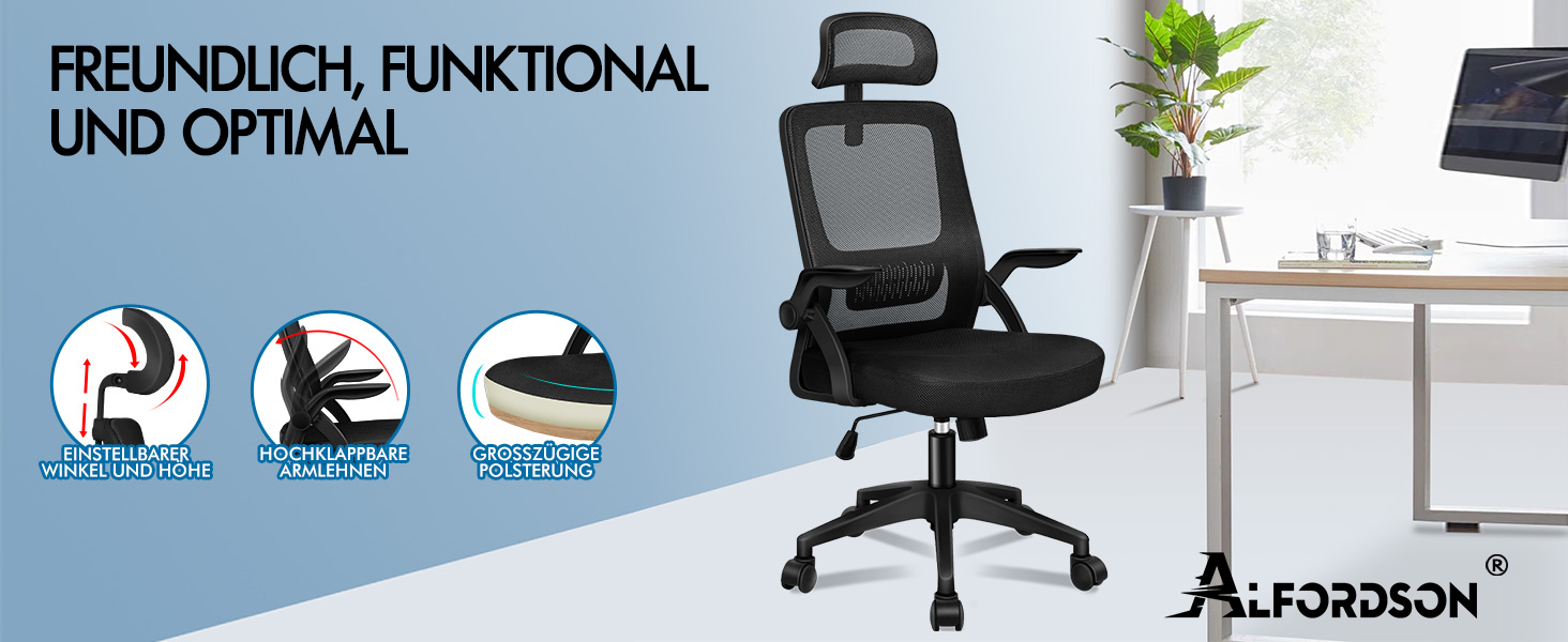 Офісний крісло ALFORDSON з динамічною підтримкою попереку, чорний. Ергономічний поворотний стілець з відкидними підлокітниками для комп'ютера