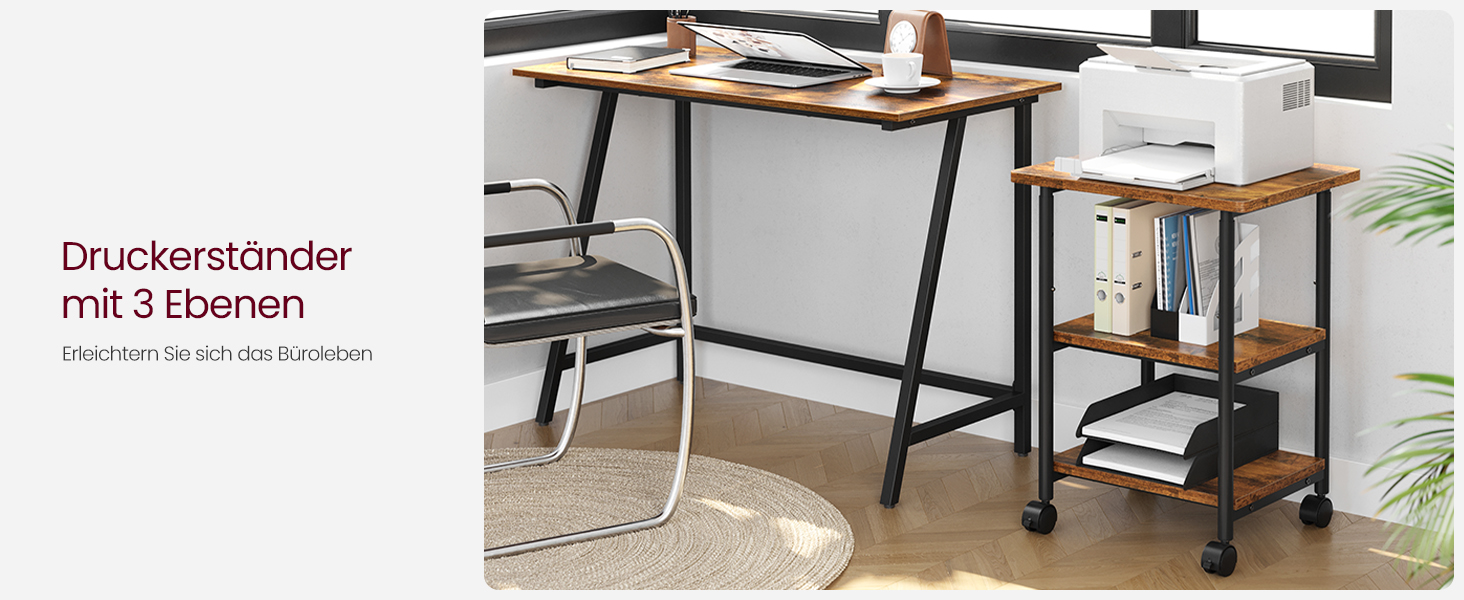 Столик для принтера VASAGLE з роликами, 3-рівневий, регульована стільниця, промисловий стиль, для офісу/кабінету, вінтажно-коричнево-чорний, OPS003B01V1
