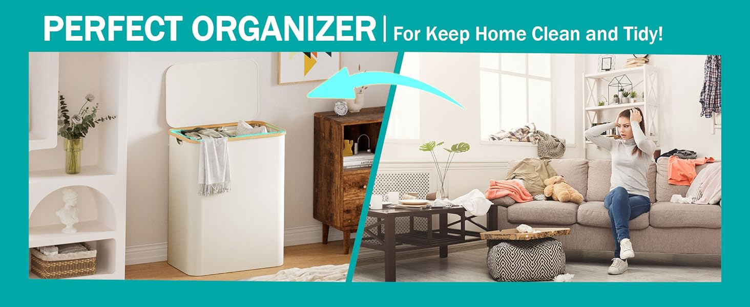 Кошик для білизни Youdenova з кришкою, великий, 160л, бамбук та дерево, сортувальник для білизни, білий