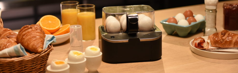 Електричний яйцеварка Emerio SIEGER: 3 ступені нагріву, голосове сповіщення, BPA Free, EB-123177.1, чорний/сріблястий