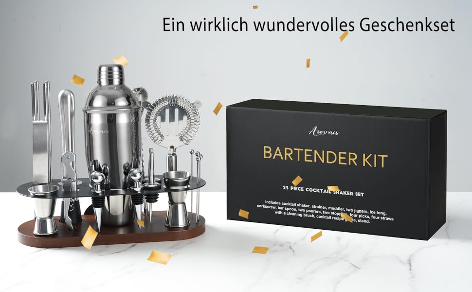 Набір бармена на 23 деталі з підставкою: шейкер, сито, ложка, мадлер. Ідеально для дому, бару, вечірки. (Шоколадний)