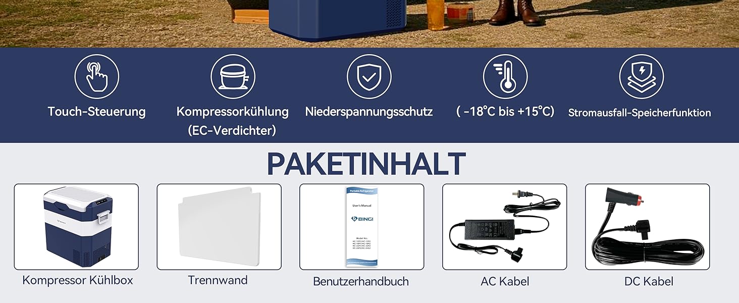 Автохолодильник BINGI 18л портативний 12/24V, 230V з функцією морозильника (-18°C до 15°C) для авто, кемпінгу, дому (синьо-білий)