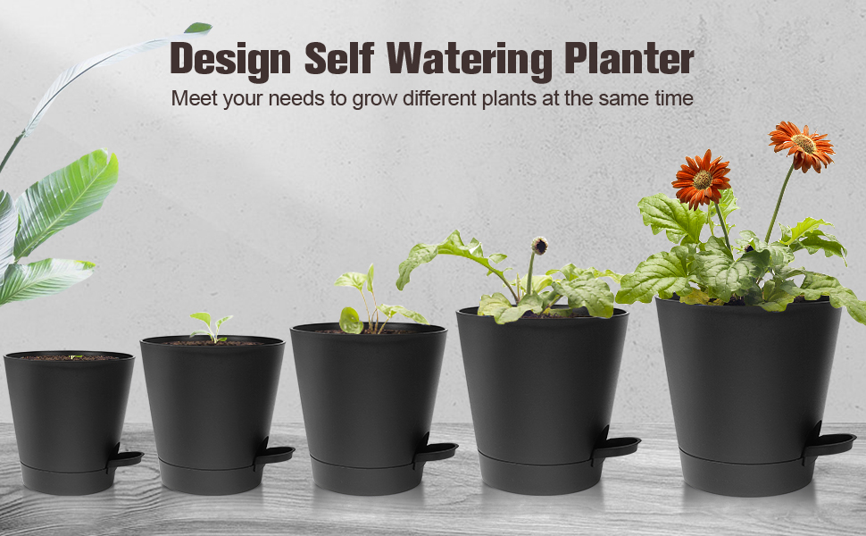 5 горщиків з пластику з системою поливу, 17.8/16.5/15.2/13.9/12.7 см. Самополивні горщики з підставкою, круглі, для квітів, сукулентів, кактусів, зелені та чорні, для дому, балкона та саду.