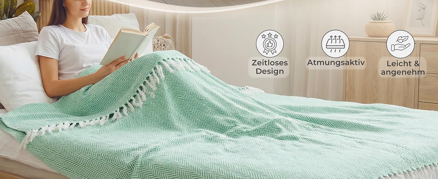 Преміум покривало Gräfenstayn з бахромою, 100% бавовна, 150 x 200 см, візерунок «ялинка» — літня бавовняна ковдра-накидка на ліжко, диван або софу (Кремовий)