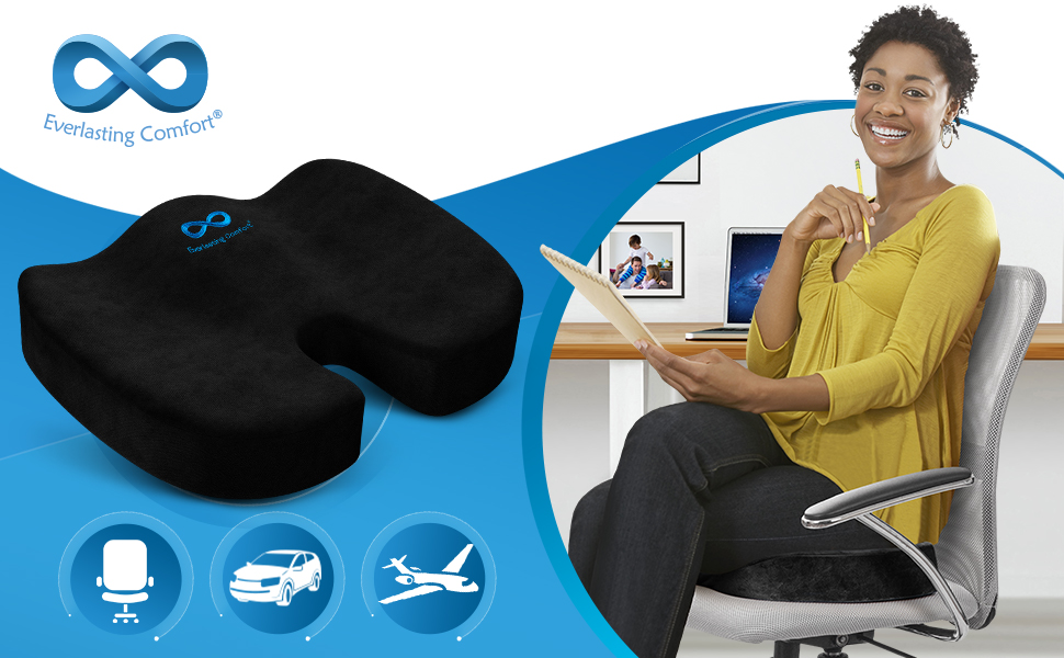 Подушка для сидіння Everlasting Comfort з Memory Foam для комфорту – Ергономічна подушка для підтримки куприка – М'яка подушка на стілець для здорової постави, чорна