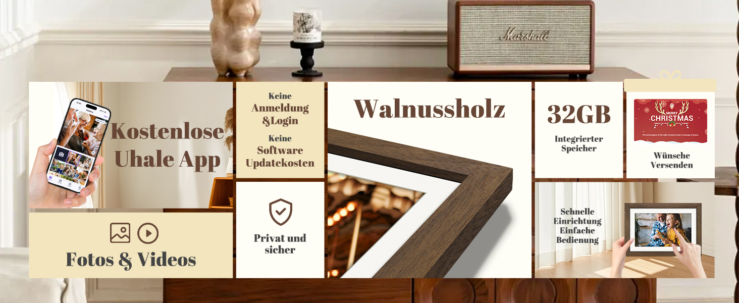 Цифровий фоторамка Eptusmey 10.1 дюймів з Wi-Fi, дерев'яний корпус з дуба, 32GB, HD IPS сенсорний екран 1280x800, відтворення фото/відео через Uhale APP, подарунок для чоловіків та жінок, колір A-Білий