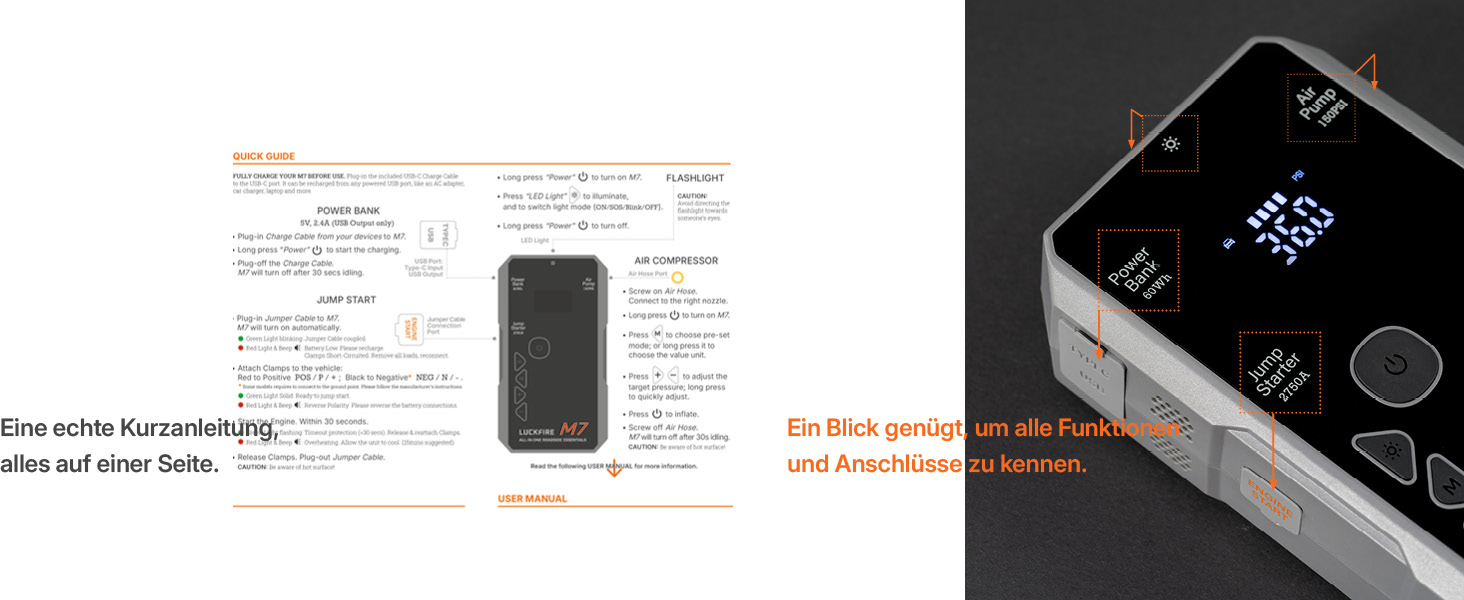 Портативний пусковий пристрій Smart Starthilfe Powerbank для автомобіля 12V з компресором, 150 PSI, 60Wh - для бензинових та дизельних двигунів до 8,5L та 6,5L відповідно