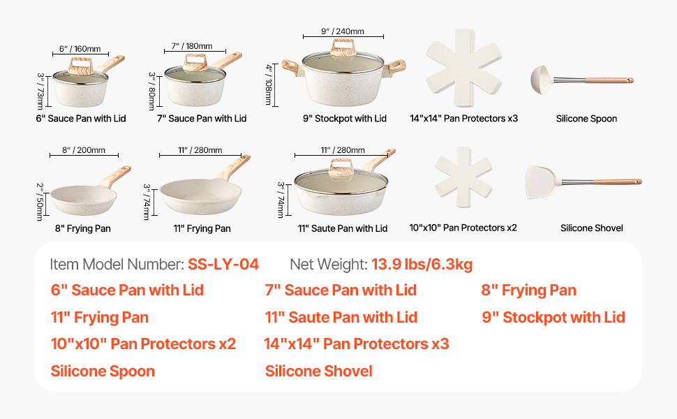 Набір каструль та сковорідок VEVOR з індукційним покриттям (17 предметів) з кришками, антипригарне покриття, для кухні, кемпінгу, приготування соусів та варіння (білий)