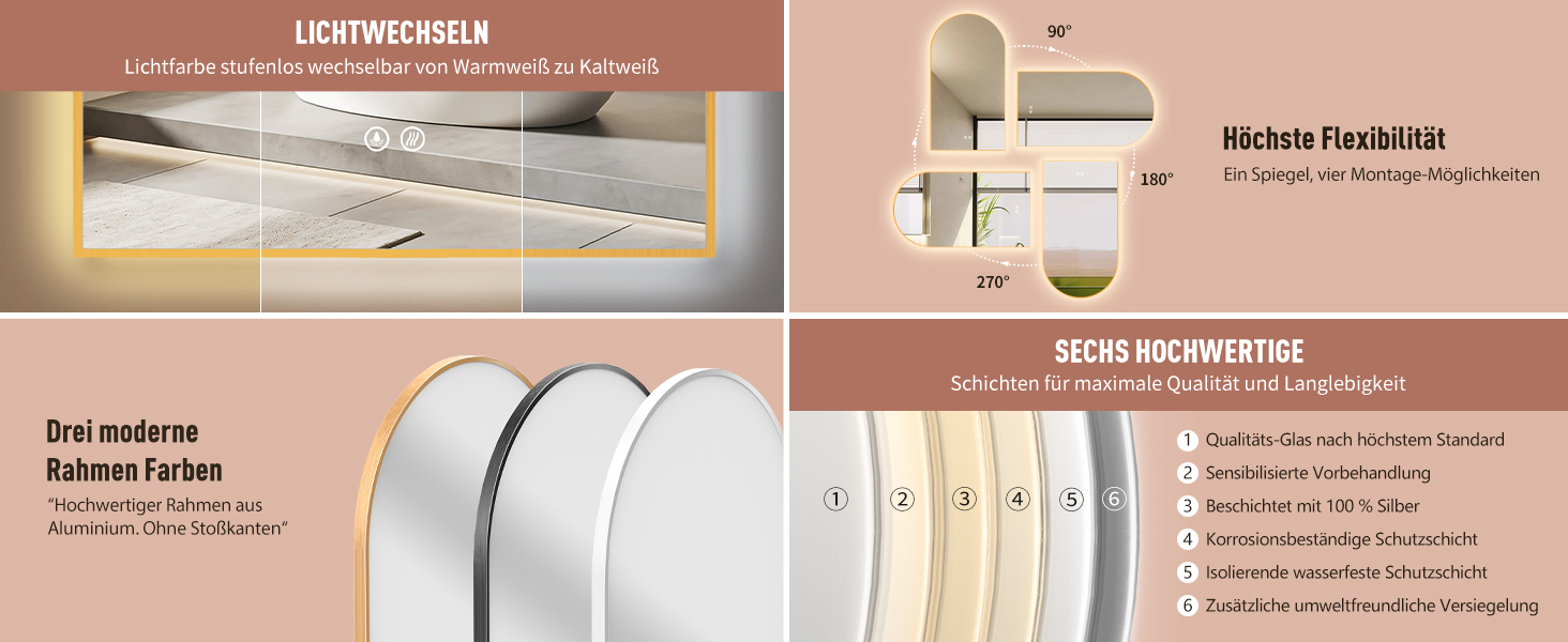 Дзеркало для ванної кімнати LED HOKO Design Turin, овальне, 45x75 см, матовий чорний, з підсвічуванням, сенсорне керування, зміна кольору світла (тепле/холодне/нейтральне), антизапарювання, монтаж HOCH+QUER