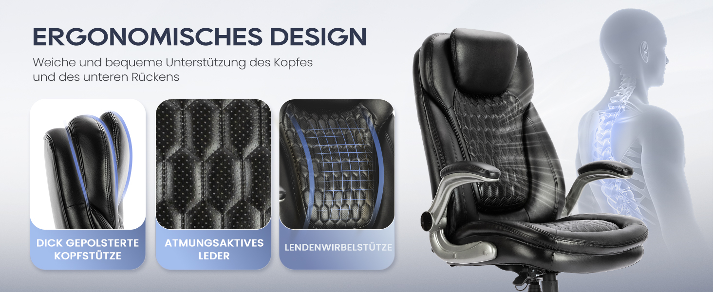 Крісло шеф COLAMY з дихаючої шкіри – ергономічне офісне крісло з пружинним блоком, відкидними підлокітниками та тихими роликами для дому та офісу, чорне