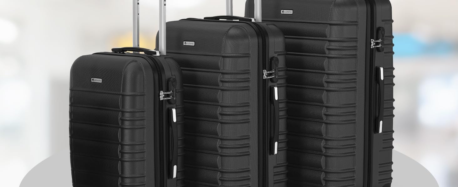 Набір валіз Juskys Hartschale 3 шт. з кодовим замком, тихі колеса 360°, телескопічна ручка, легкі - чорний колір