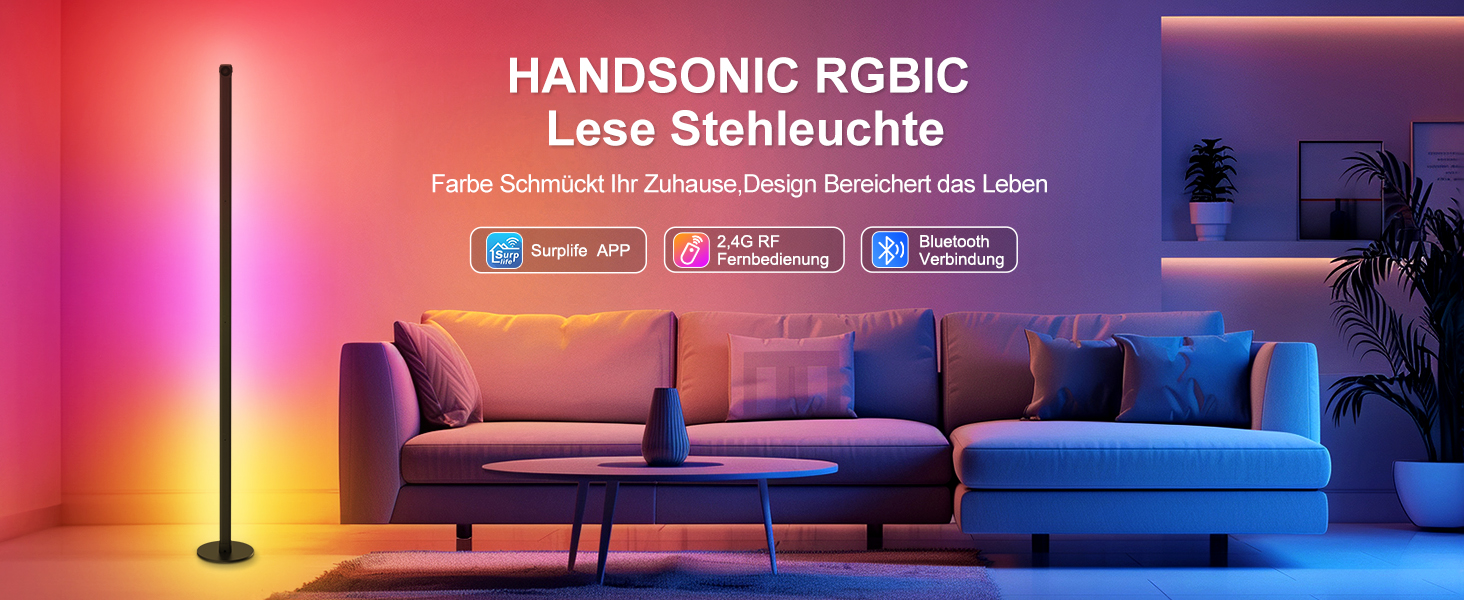 Торшер HANDSONIC RGBIC LED, 140 см, з можливістю затемнення, 16 мільйонів кольорів, з керуванням через додаток, освітлення 180