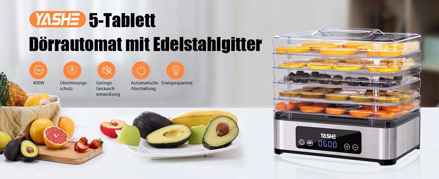 Електричний дегідратор YASHE з нержавіючою сіткою, 5-ярусний, 400W, з таймером для м'яса, фруктів, овочів, трав та собачих ласощів. 5 ярусів з нержавіючої сталі