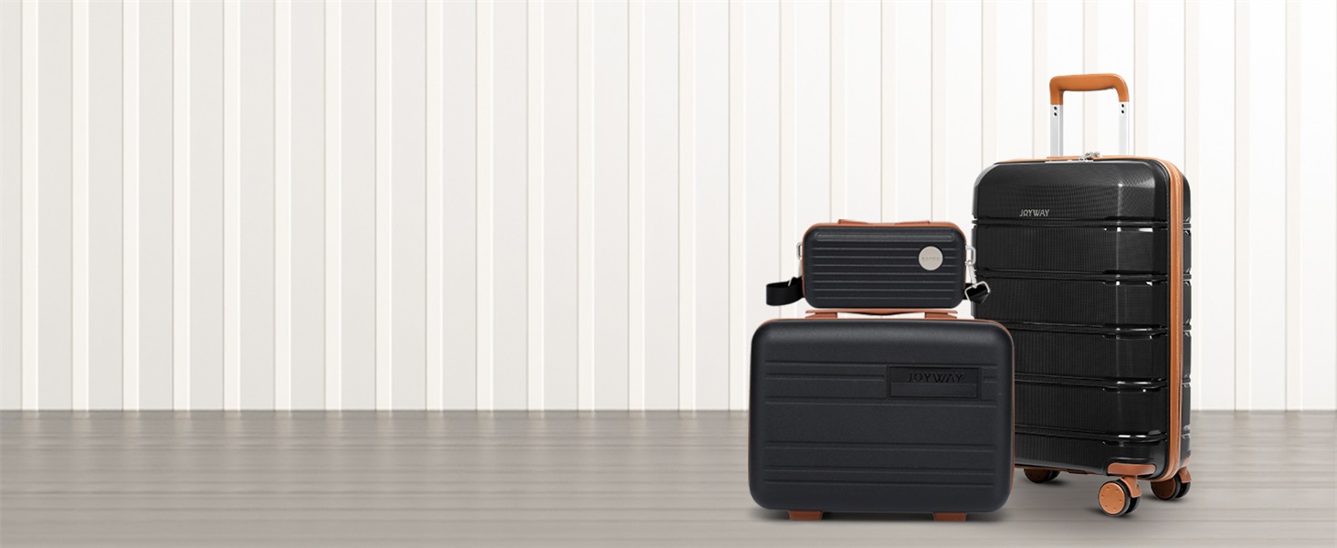 Набір валіз Joyway 5шт з жорстким корпусом, 4 колеса та TSA-замок. В комплекті: косметичка та сумка. Чорний/коричневий колір.