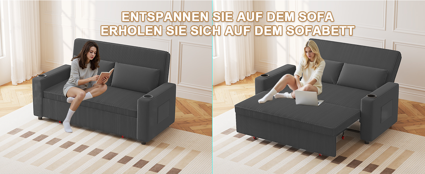 Диван-ліжко JUMMICO 2-місний розкладний сірий з подушками та підсклянниками для вітальні та спальні 75x160x93 см