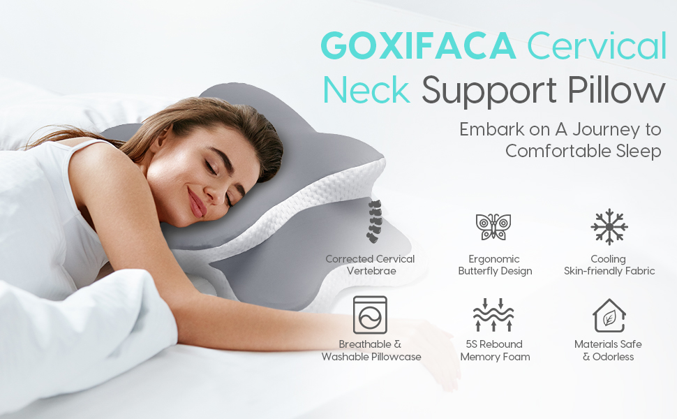 Подушка для шиї GOXIFACA з піною з пам'яті, ортопедична подушка для шиї та плечей, ергономічна підтримка шиї для тих, хто спить на боці, на спині та на животі, знімний чохол, сіра