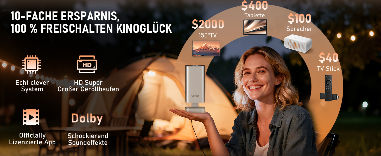 Mini проєктор Smart Beamer 4K з автофокусом, WiFi6, Bluetooth, 28000 люмен, підтримка Netflix та Dolby Audio. Підходить для домашнього кінотеатру та використання на вулиці. Сумісний з телефонами та ПК.