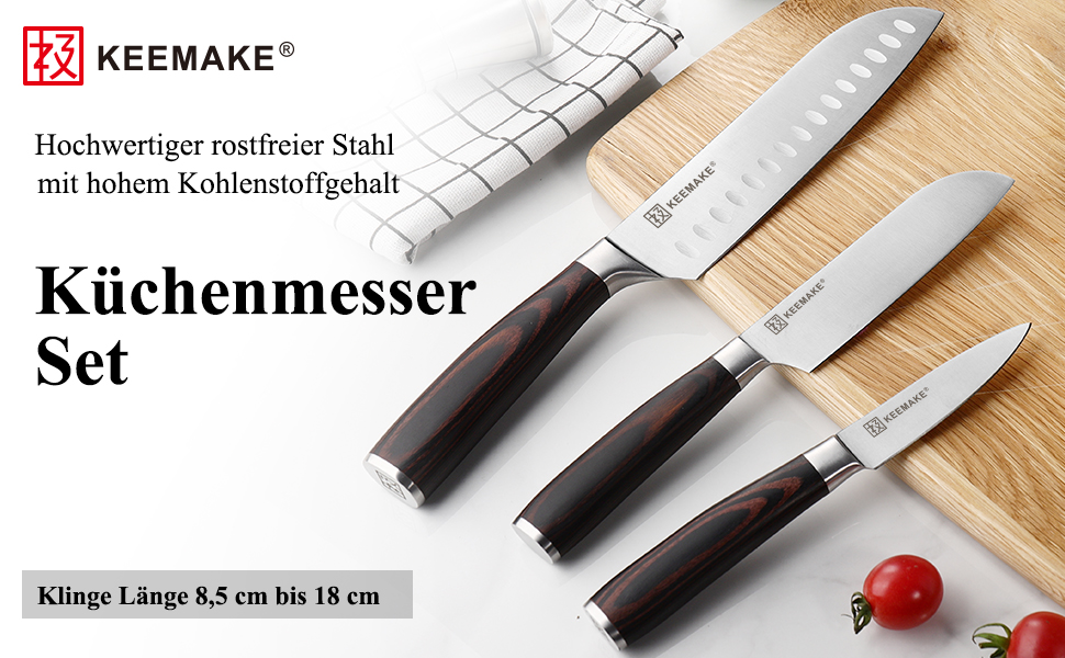 Набір кухонних ножів Keemake 7 предметів з дерев'яним блоком, професійний набір ножів з нержавіючої сталі та пластикової ручки