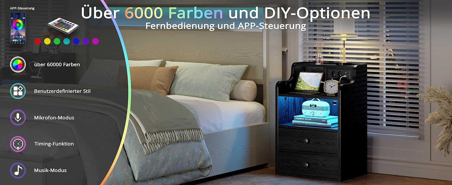 Нічний столик IRONCK з LED-підсвічуванням, розеткою та функцією зарядки, з ящиками, чорний