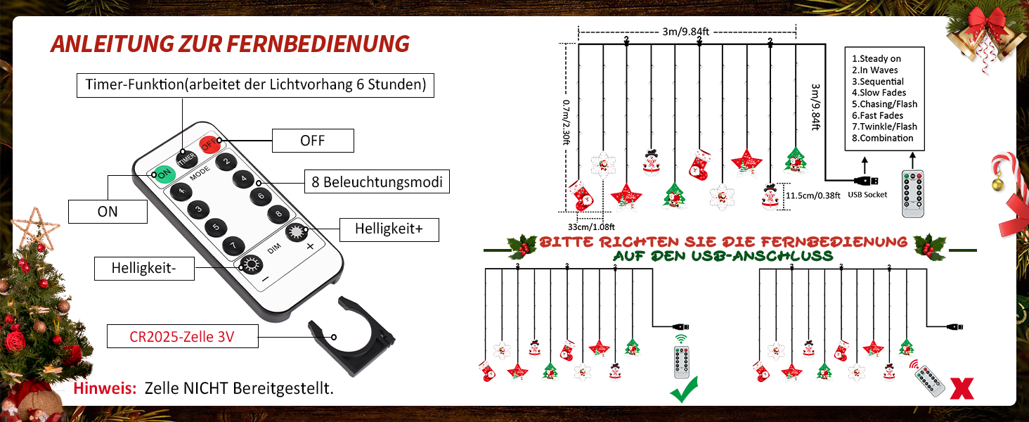 Льоново-новорічна гірлянда на вікна BLOOMWIN - 120 LED, 8 режимів, тепле біле світло, USB, 3D мотив