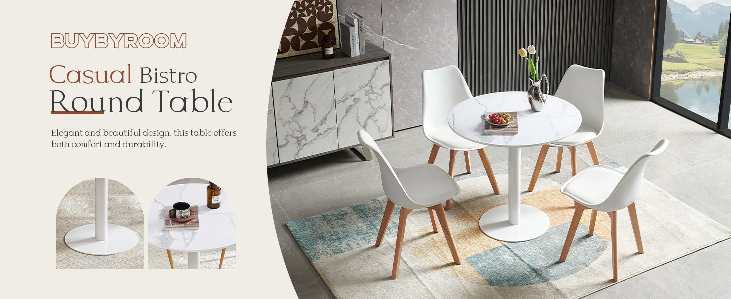 Круглий обідній стіл для кухні, вітальні, балкону. Білий стіл 70x70 см з мармуровою стільницею та прямою ніжкою