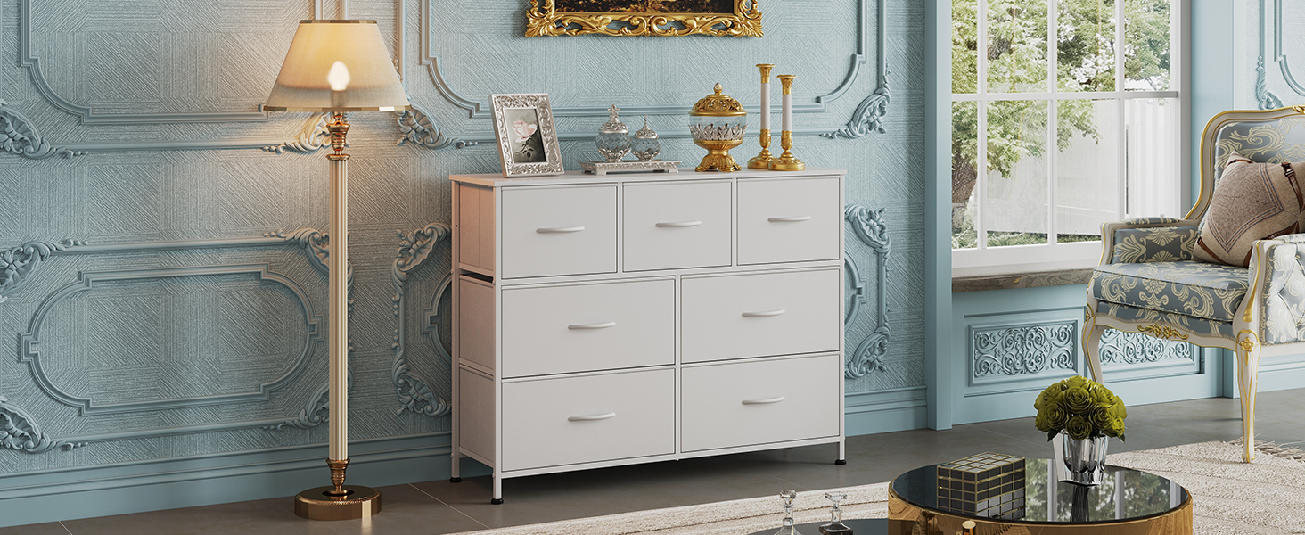 Комод WLIVE з 7 висувними ящиками з тканини, шафа-комод для спальні, комод у вітальню, зі стабільним сталевим каркасом, білий, 7 ящиків, білий