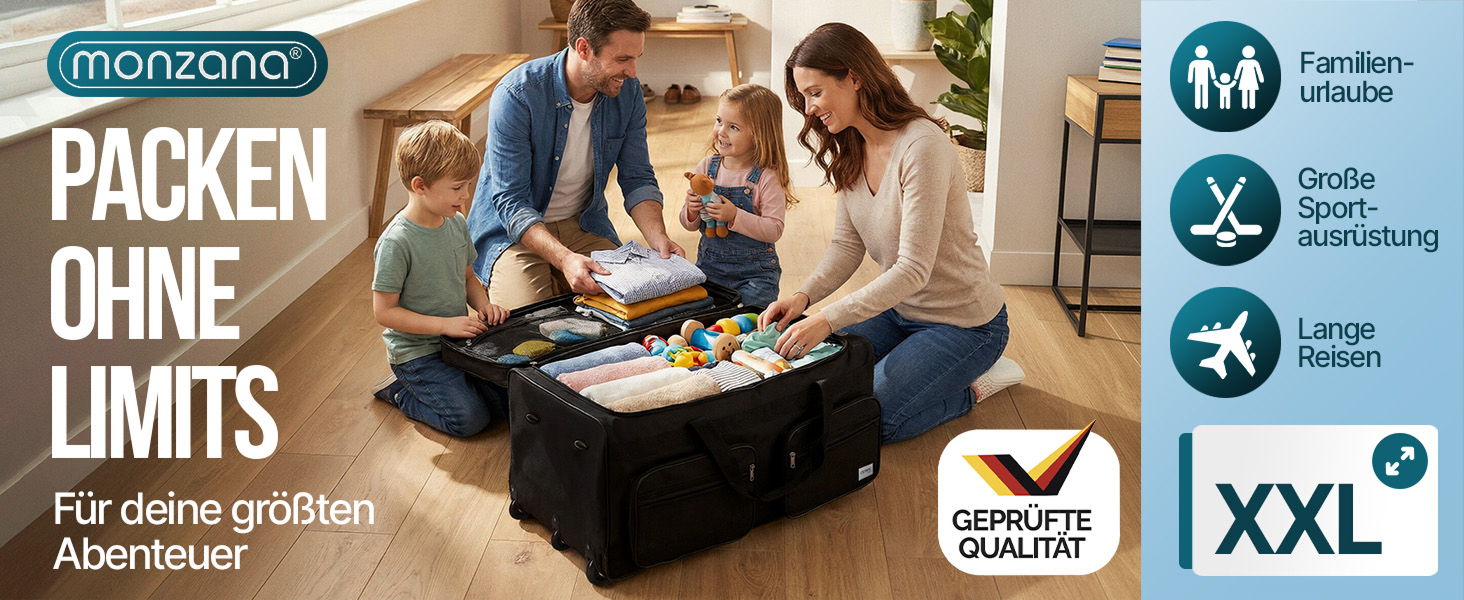 Дорожня сумка на колесах MONZANA XL 85л, сумка-тролей з телескопічною ручкою та підставками, м'який дорожній багаж (Темно-синій, 70x36x34см)