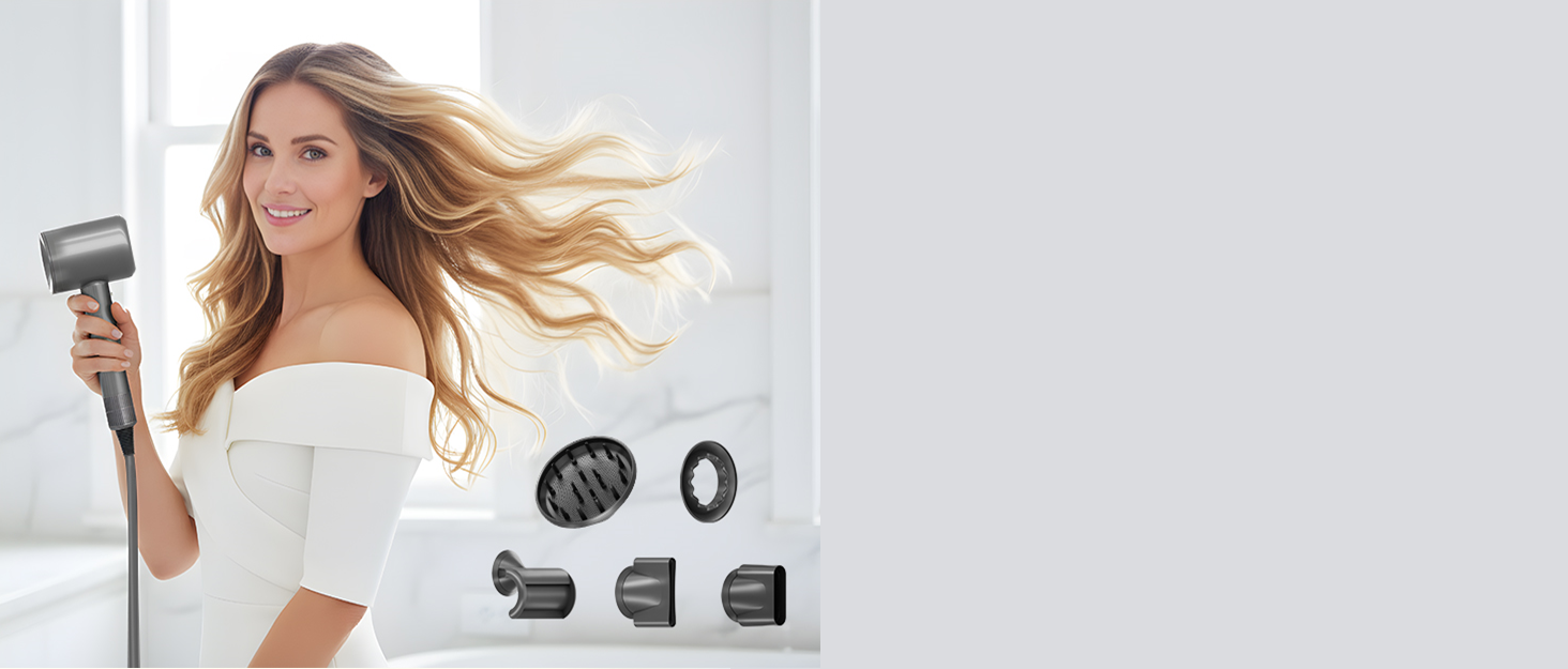 Професійний фен для волосся з дифузором та 5 насадками, іонний, 1600W, безщітковий мотор, низький рівень шуму, сріблясто-сірий