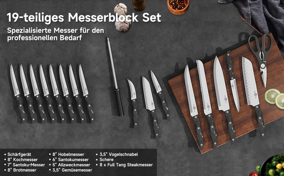 Набір ножів Messerblock: 19 предметів, нержавіюча сталь, з підставкою з дерева, для професійної кухні, з точильним каменем