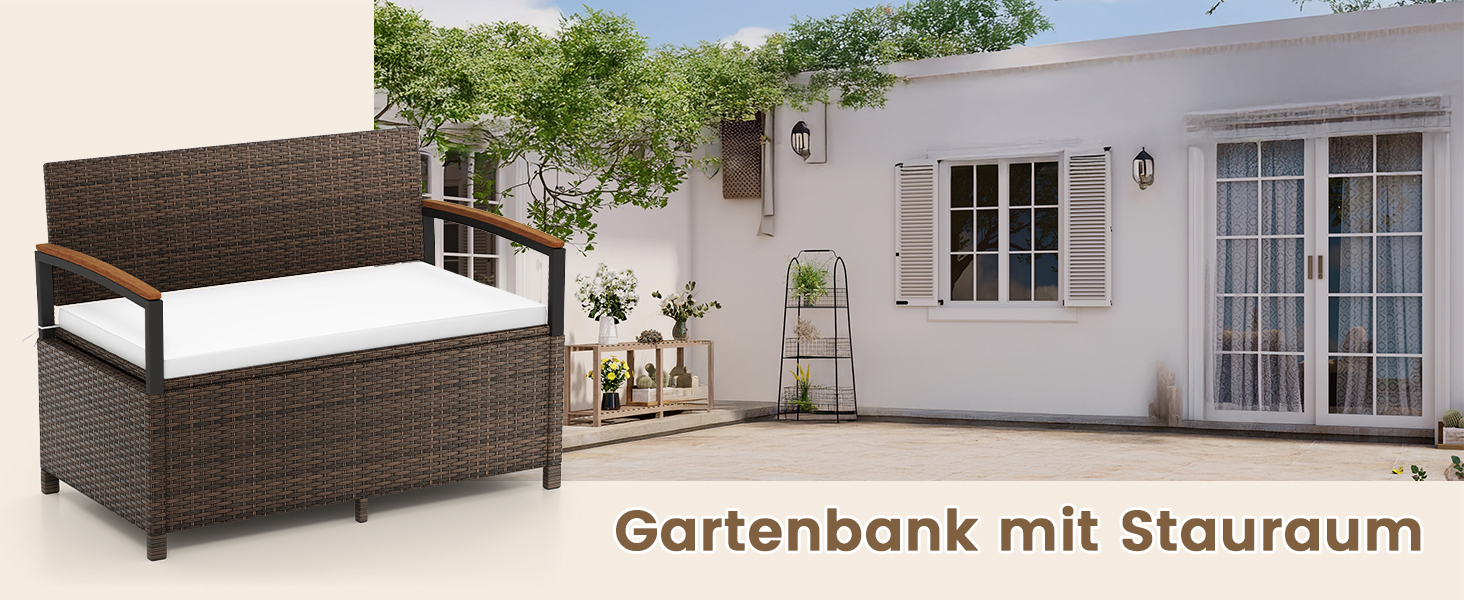 Лавка садова Costway з ротангу Polyrattan, з ящиком для зберігання, 2-місна, сіра (120x61x84 см) для балкона, тераси, саду з подушками