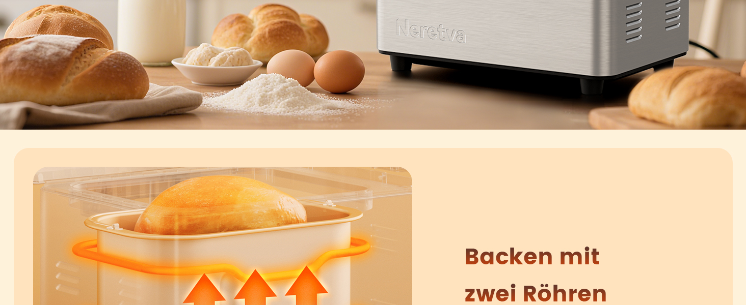 Хлібопічка Neretva з 17 програмами, об'ємом 2.2 кг, з дозатором горіхів та фруктів, керамічним антипригарним покриттям, для безглютенових продуктів, тіста, закваски та йогурту, срібна