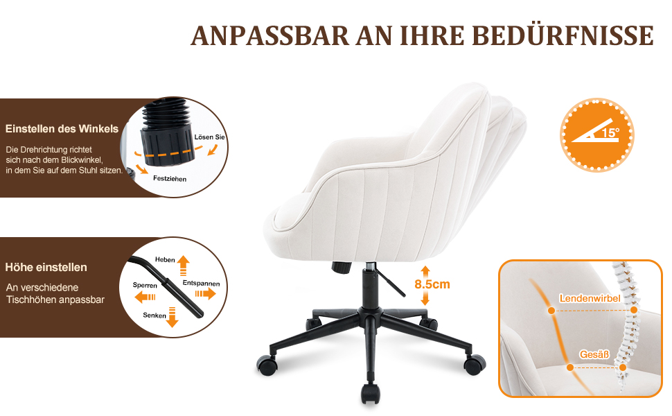 Офісне крісло BERYTH для дому та офісу, з велюру, до 136 кг, регульоване по висоті, поворотне на 360°, з м'якими роликами, для навчання, спальні, домашнього офісу, біле