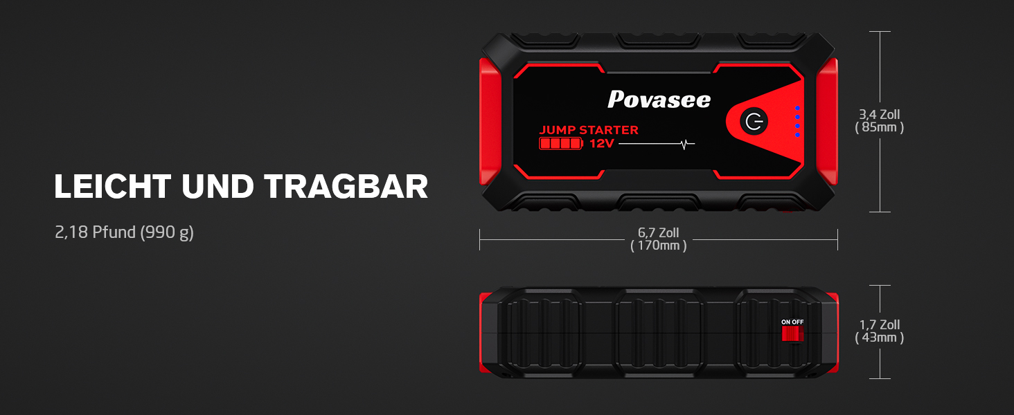 Пусковий пристрій (бустер) Povasee Starthilfe Powerbank 5000A для авто 12V, LCD-дисплей, USB-порти, для бензинових та дизельних двигунів до 10л, червоний
