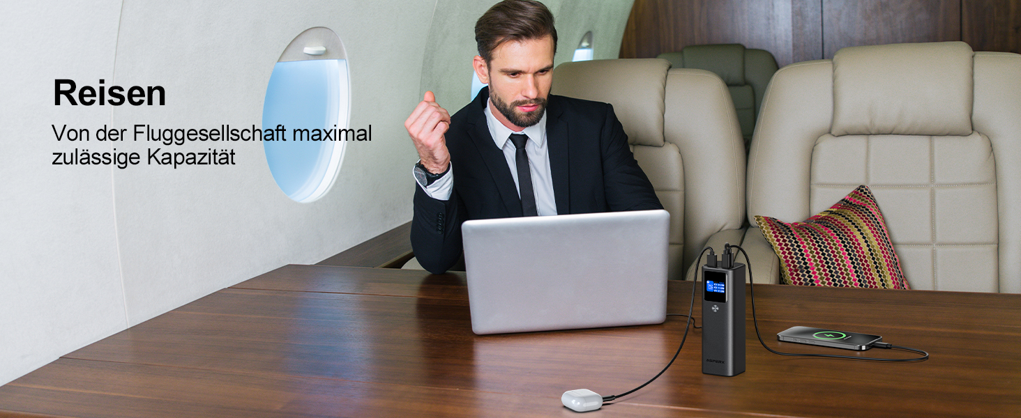 Power Bank AsperX 20000mAh, 165W, 2x USB-C 100W, Алюмінієвий Корпус, Вбудований Кабель 60см, TFT-Дисплей, для iPhone, MacBook, Samsung